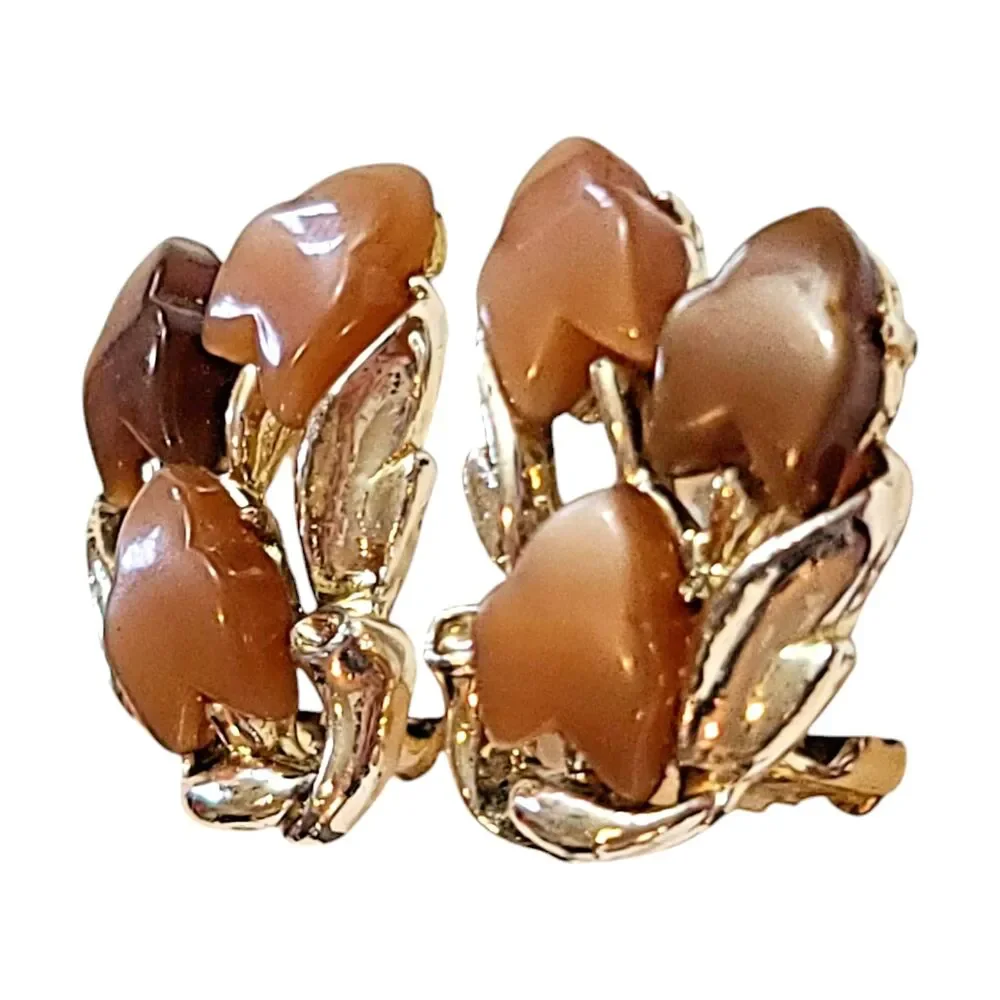Vintage 80s Silver Tone Moon Glow Leaf Autumn Fall Clip On Earrings